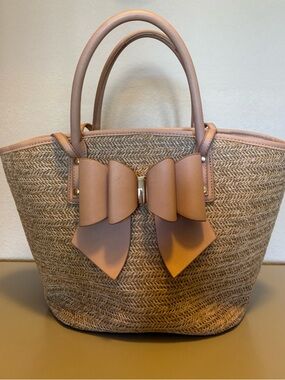 Woven Straw Tote with Rose-Gold Bow Accent
